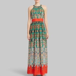 Eliza J Pleated Smocked Orange and Green Resort Maxi Dress